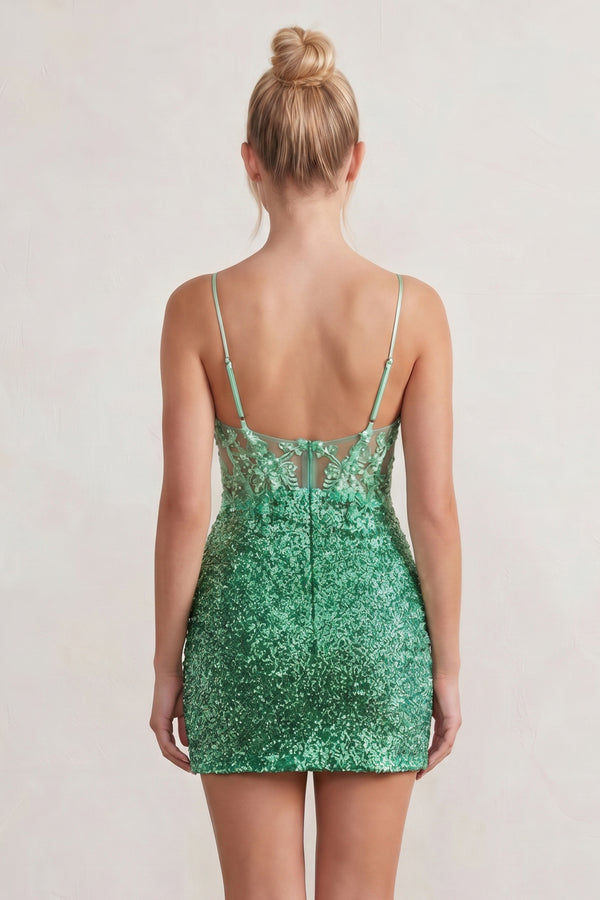 Green Sparkle Appliques Sequin Bodycon Mini Homecoming Dresses (2) | KISSPROM
