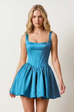 Azure Square Neck Satin Ruched A-Line Corset Homecoming Dress | KISSPROM