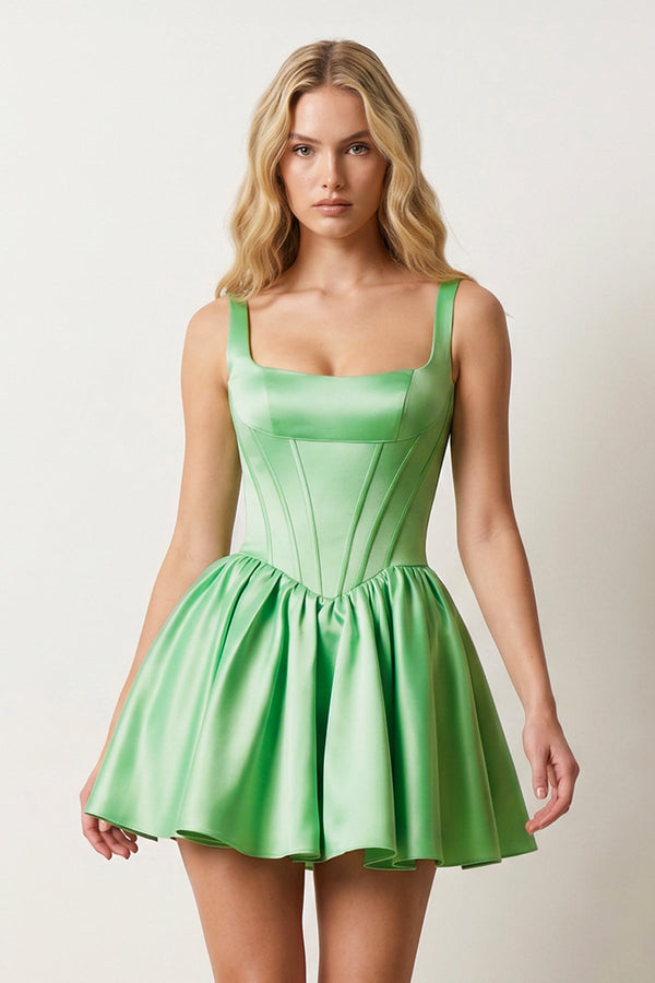 Lime Green Square Neck Satin Ruched A-Line Corset Homecoming Dress - KissProm