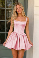 Pink Square Neck Satin Ruched A-Line Corset Homecoming Dress | KISSPROM