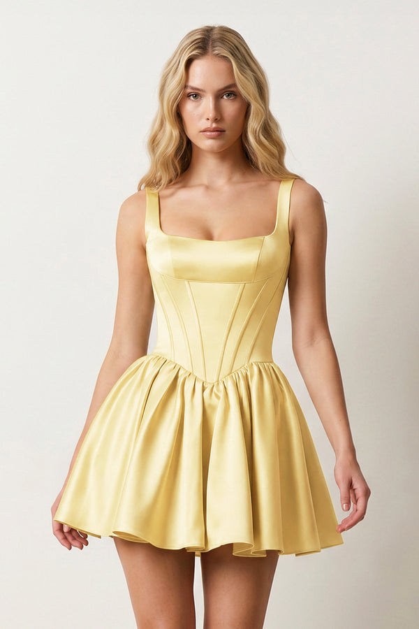Yellow Square Neck Satin Ruched A-Line Corset Homecoming Dress | KISSPROM