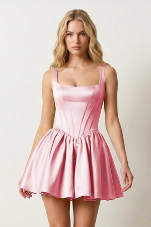 Pink Square Neck Satin Ruched A-Line Corset Homecoming Dress | KISSPROM