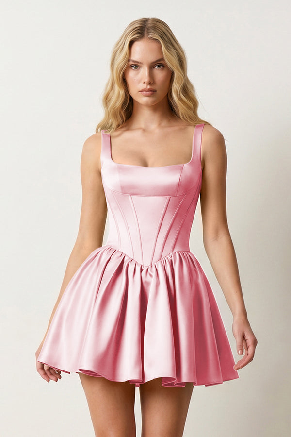 Pink Square Neck Satin Ruched A-Line Corset Homecoming Dress | KISSPROM