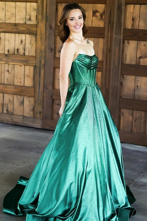 Green Strapless A Line Satin Corset Long Formal Dress | KISSPROM