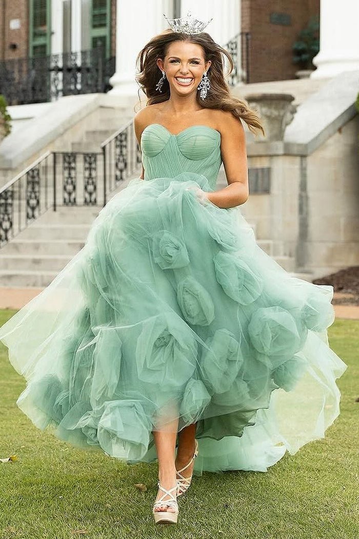 Green Strapless A - Line Tulle Long Prom Dresses - KissProm