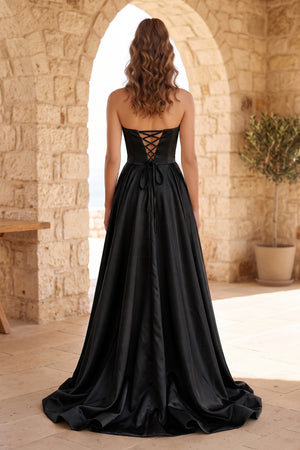 Green Strapless Satin Long Prom Dress With High Split (2) | KISSPROM