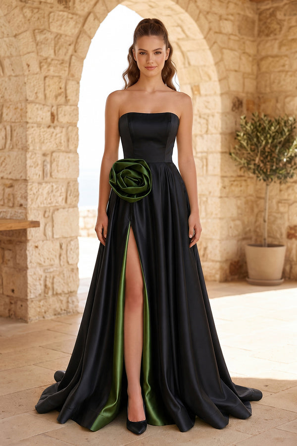 Green Strapless Satin Long Prom Dress With High Split | KISSPROM