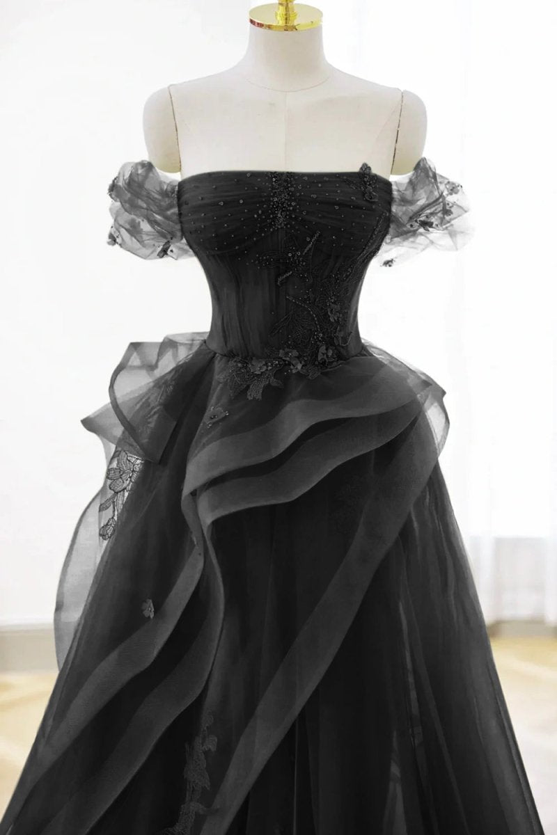 strapless open back dress Green Tulle Lace Long Prom Dress with Corset, Green Formal Party Dress, Black / 10