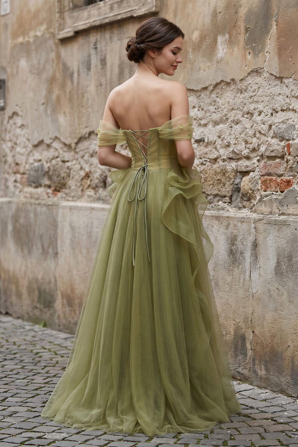 lace maxi dress green Green Tulle Lace Long Prom Dress with Corset, Green Formal Party Dress, Green / Custom Size