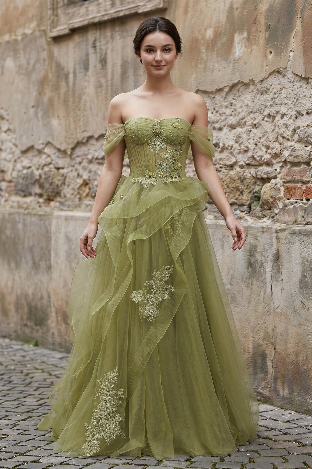 KissProm Green Tulle Lace Long Prom Dress with Corset, Green Formal Party Dress, Green / Custom Size