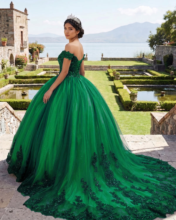 Green Tulle Off The Shoulder Quinceanera Dress (2) | KISSPROM