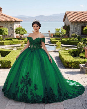 Green Tulle Off The Shoulder Quinceanera Dress | KISSPROM