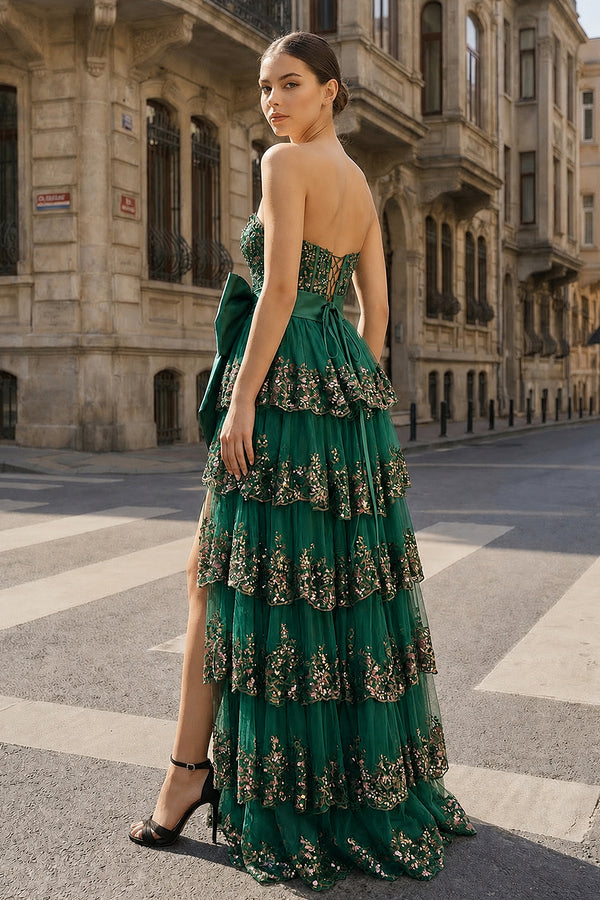 A-Line Sweetheart Sequin Ruffles Long Prom Dresses with Bow - KissProm