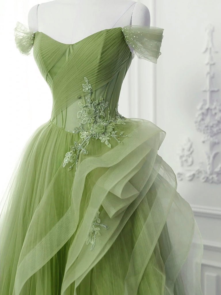 Green A-Line Off Shoulder Long Prom Dress Lace Long Evening Dress Green / 16 Green A-Line Off Shoulder Long Prom Dress Lace Long Evening Dress Green / 16