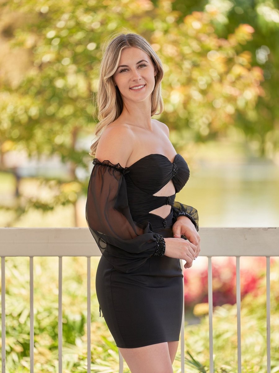 Gregorita | Black Off - the - Shoulder Keyhole Short Homecoming Dress with Balloon Sleeves - KissProm