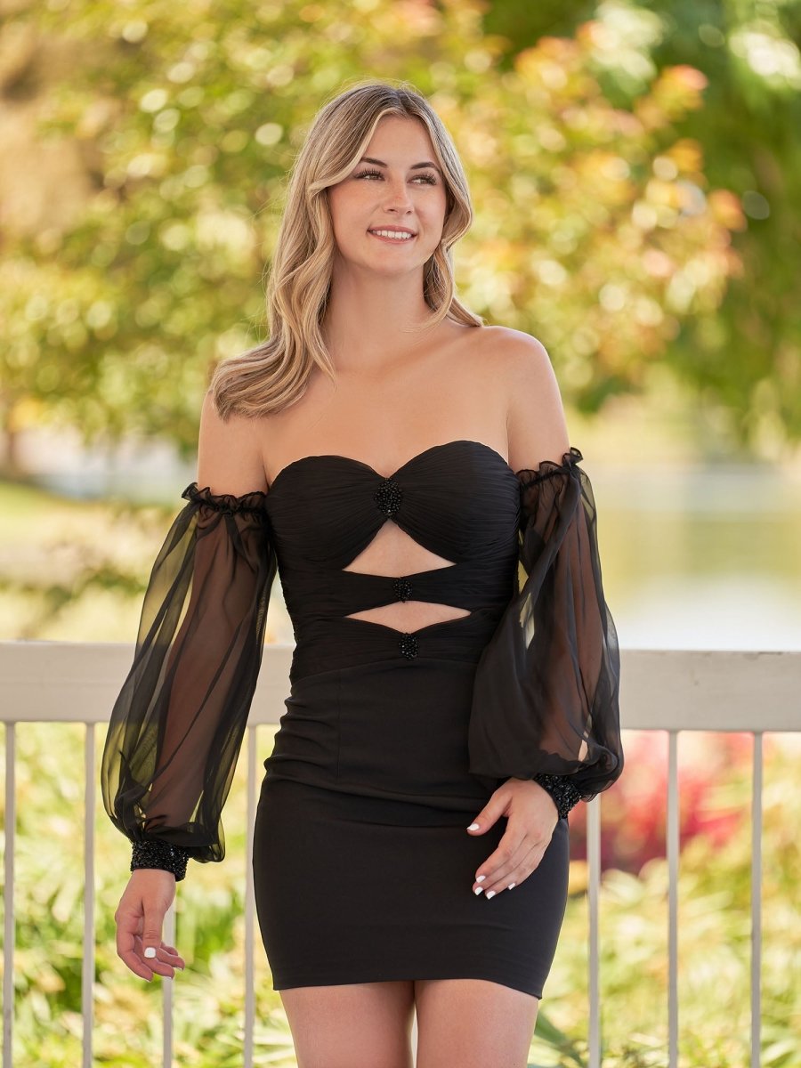 Gregorita | Black Off - the - Shoulder Keyhole Short Homecoming Dress with Balloon Sleeves - KissProm