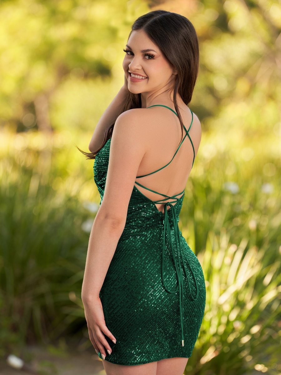 Greta Black Sequin Lace Up Short Tight Homecoming Dress, Dark Green / 4 Greta Black Sequin Lace Up Short Tight Homecoming Dress, Dark Green / 4