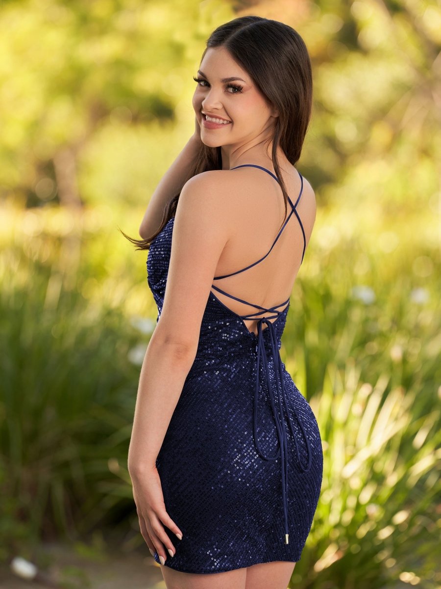 Greta | Black Sequin Lace Up Short Tight Homecoming Dress, Black / 8 Greta | Black Sequin Lace Up Short Tight Homecoming Dress, Black / 8