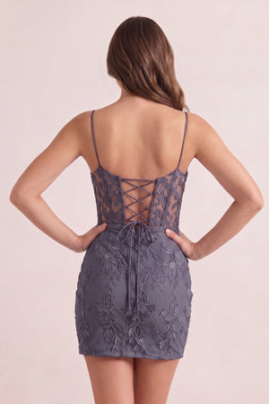 Grey Blue Spaghetti Straps Tight Short Homecoming Dress with Appliques | KISSPROM