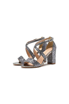 Silver Sequined Cross Straps Open Toe Chunky Heels - KissProm