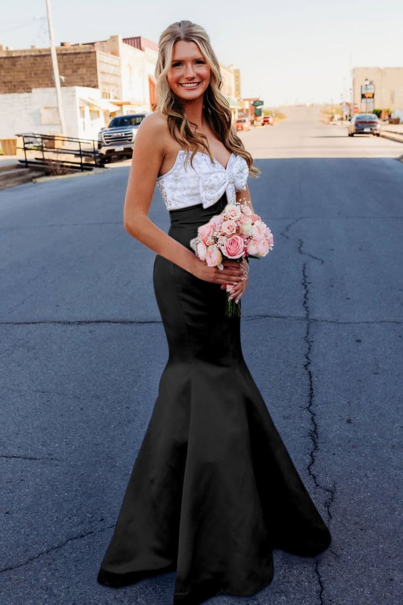 Gwenny | Black - Mermaid Satin Strapless Long Prom Dresses with Beaded Bow - KissProm