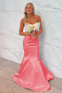 Gwenny | Pink - Mermaid Satin Strapless Long Prom Dresses with Beaded Bow - KissProm