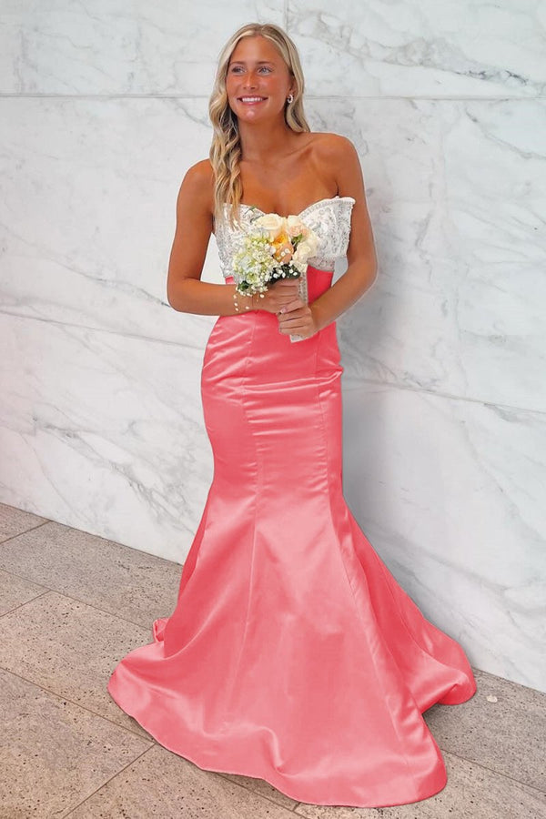 Gwenny | Pink - Mermaid Satin Strapless Long Prom Dresses with Beaded Bow - KissProm