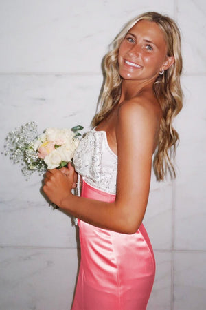 Gwenny | Pink - Mermaid Satin Strapless Long Prom Dresses with Beaded Bow - KissProm