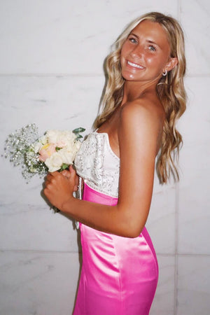 Gwenny | Pink - Mermaid Satin Strapless Long Prom Dresses with Beaded Bow - KissProm