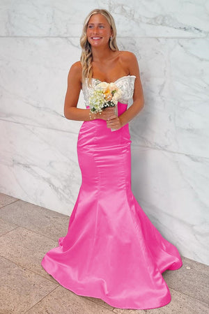 Gwenny | Pink - Mermaid Satin Strapless Long Prom Dresses with Beaded Bow - KissProm