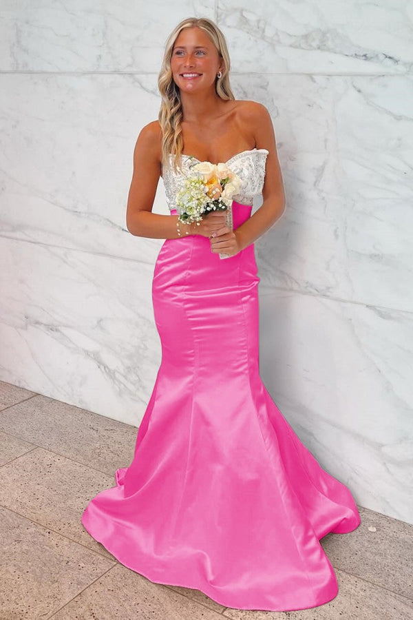 Gwenny | Pink - Mermaid Satin Strapless Long Prom Dresses with Beaded Bow - KissProm