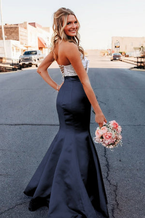 Gwenny | Pink - Mermaid Satin Strapless Long Prom Dresses with Beaded Bow - KissProm