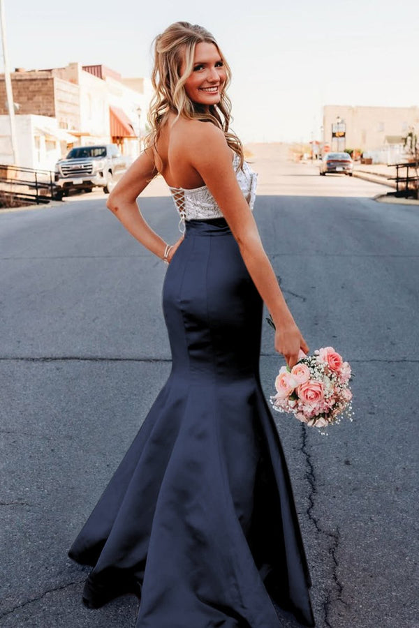 Gwenny | Pink - Mermaid Satin Strapless Long Prom Dresses with Beaded Bow - KissProm