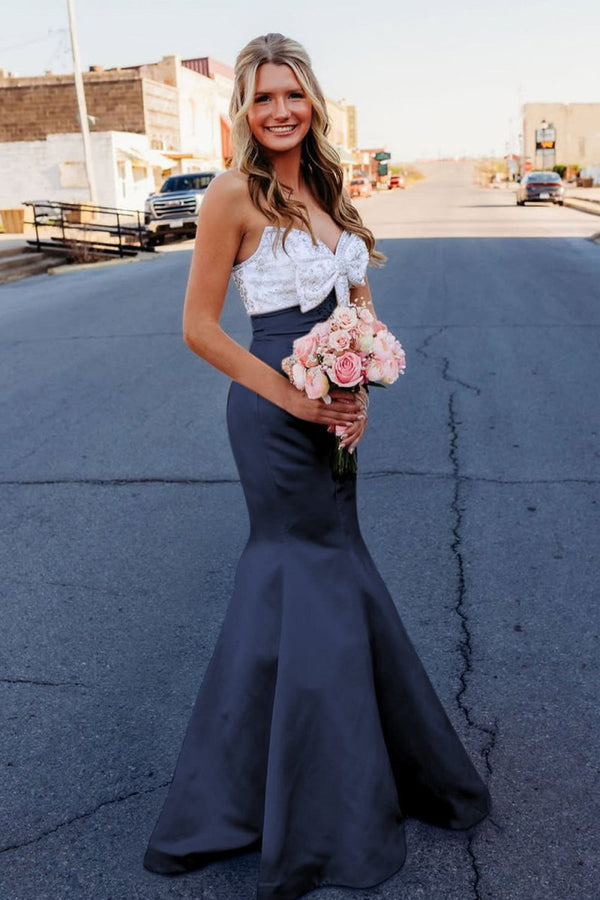 Gwenny | Pink - Mermaid Satin Strapless Long Prom Dresses with Beaded Bow - KissProm