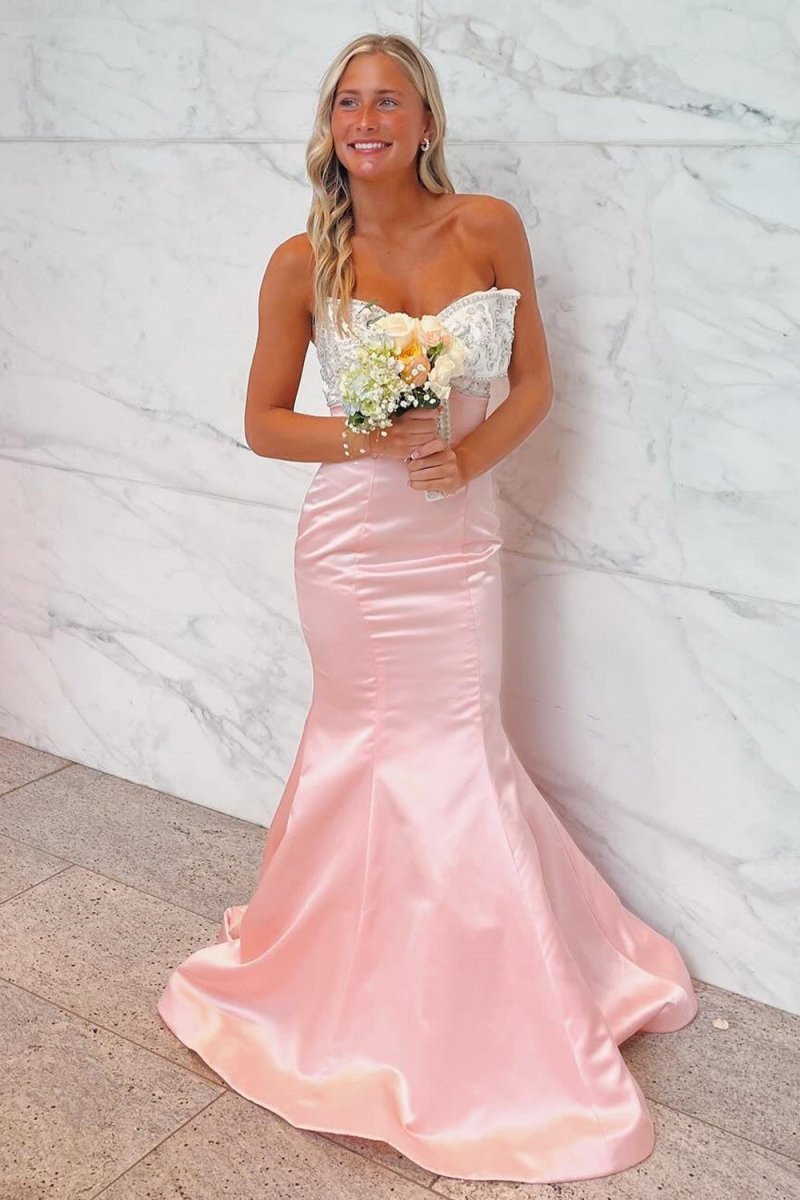 Gwenny | Pink - Mermaid Satin Strapless Long Prom Dresses with Beaded Bow - KissProm