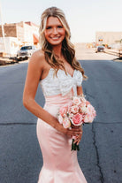 Gwenny | Pink - Mermaid Satin Strapless Long Prom Dresses with Beaded Bow - KissProm