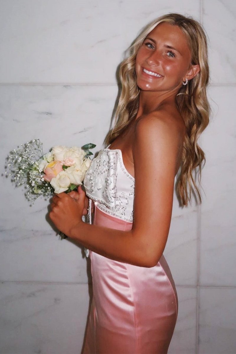 Gwenny | Pink - Mermaid Satin Strapless Long Prom Dresses with Beaded Bow - KissProm