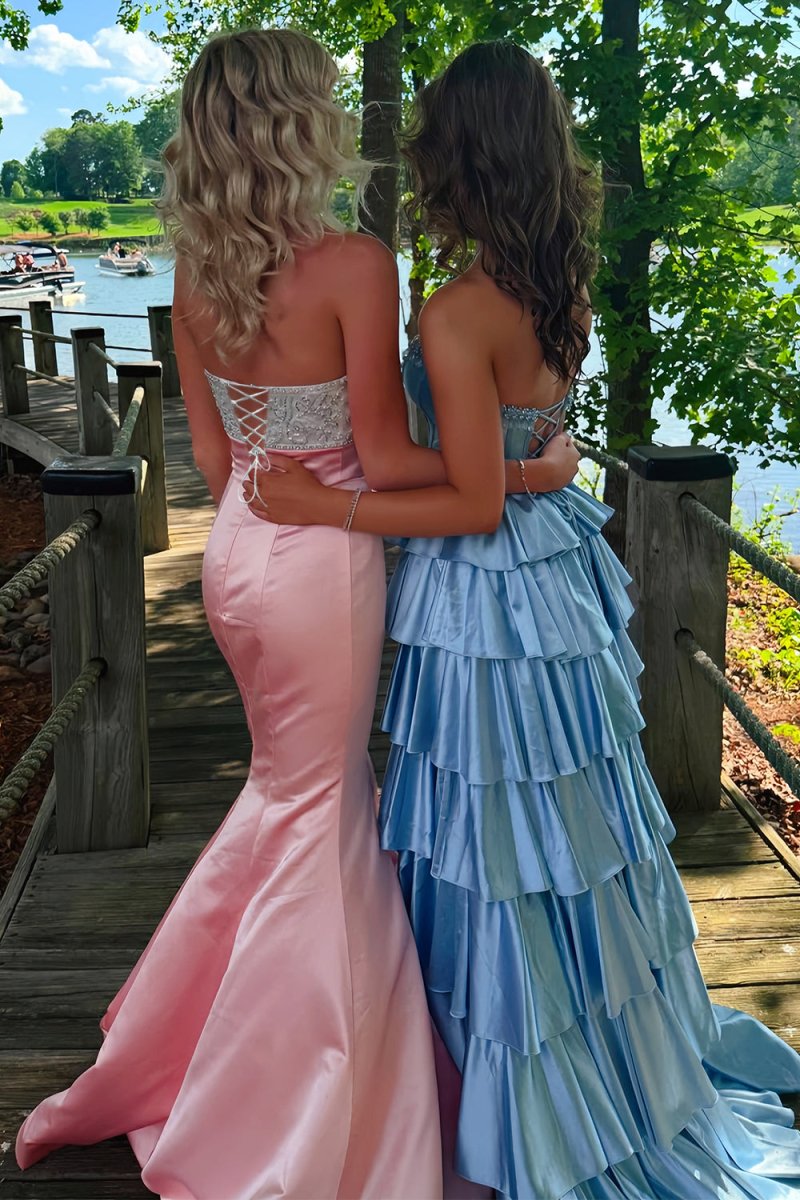 Gwenny | Pink - Mermaid Satin Strapless Long Prom Dresses with Beaded Bow - KissProm