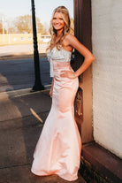 Gwenny | Pink - Mermaid Satin Strapless Long Prom Dresses with Beaded Bow - KissProm