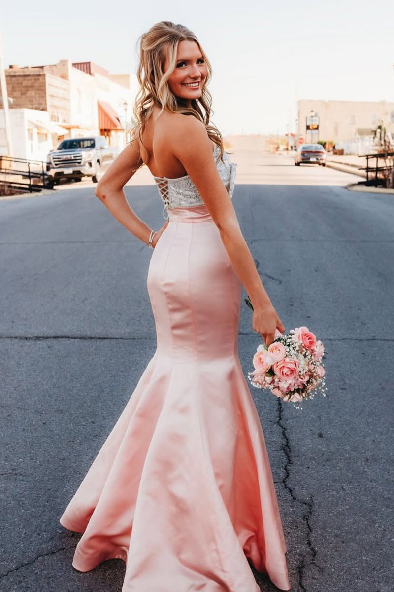 Gwenny | Pink - Mermaid Satin Strapless Long Prom Dresses with Beaded Bow - KissProm