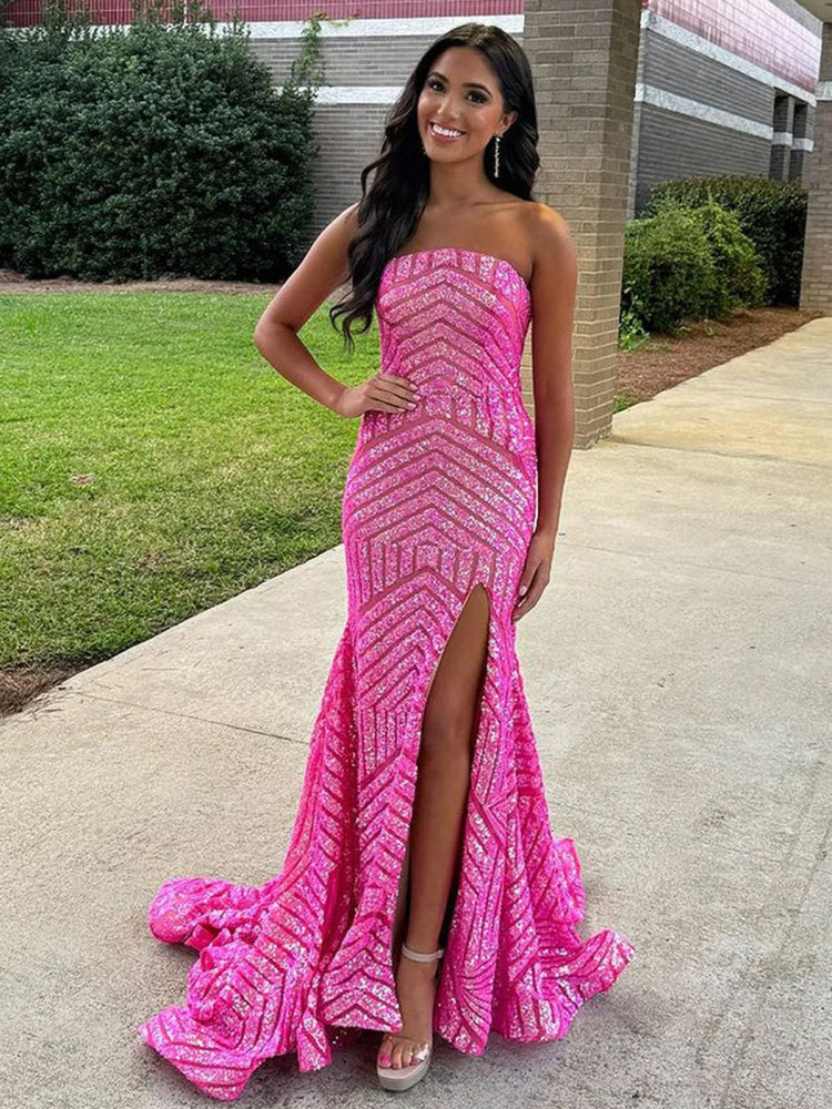 Mermaid Hot Pink Sequins Strapless Prom Dresses with Slit Pink / 14