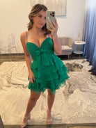 Halcyra | Green - Spaghetti Straps A Line Chiffon Ruffles Homecoming Dresses With Bow