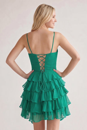 Green Spaghetti Straps A Line Chiffon Ruffles Homecoming Dresses With Bow-KISSPROM