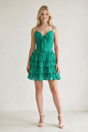 Green Spaghetti Straps A Line Chiffon Ruffles Homecoming Dresses With Bow-KISSPROM