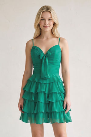 Green Spaghetti Straps A Line Chiffon Ruffles Homecoming Dresses With Bow-KISSPROM