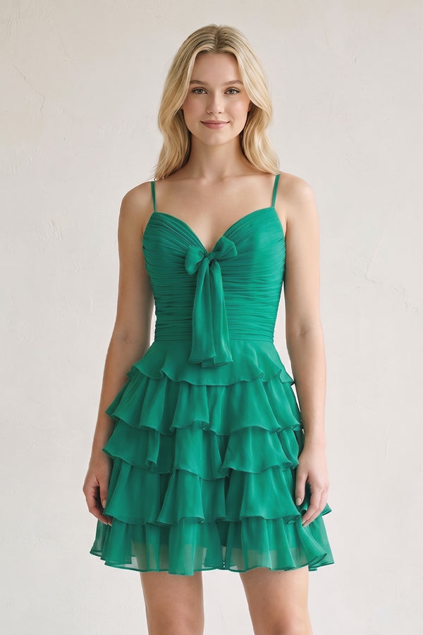 Green Spaghetti Straps A Line Chiffon Ruffles Homecoming Dresses With Bow-KISSPROM