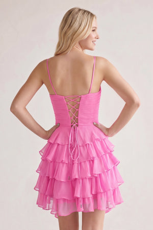 Pink Spaghetti Straps A Line Chiffon Ruffles Homecoming Dresses With Bow-KISSPROM