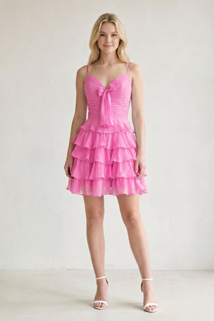 Pink Spaghetti Straps A Line Chiffon Ruffles Homecoming Dresses With Bow-KISSPROM