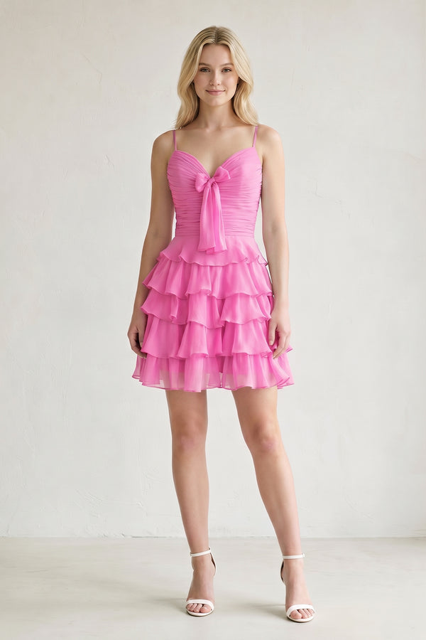 Pink Spaghetti Straps A Line Chiffon Ruffles Homecoming Dresses With Bow-KISSPROM