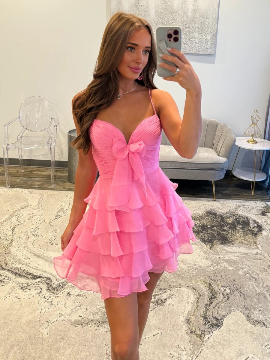 Halcyra | Pink - Spaghetti Straps A Line Chiffon Ruffles Homecoming Dresses With Bow